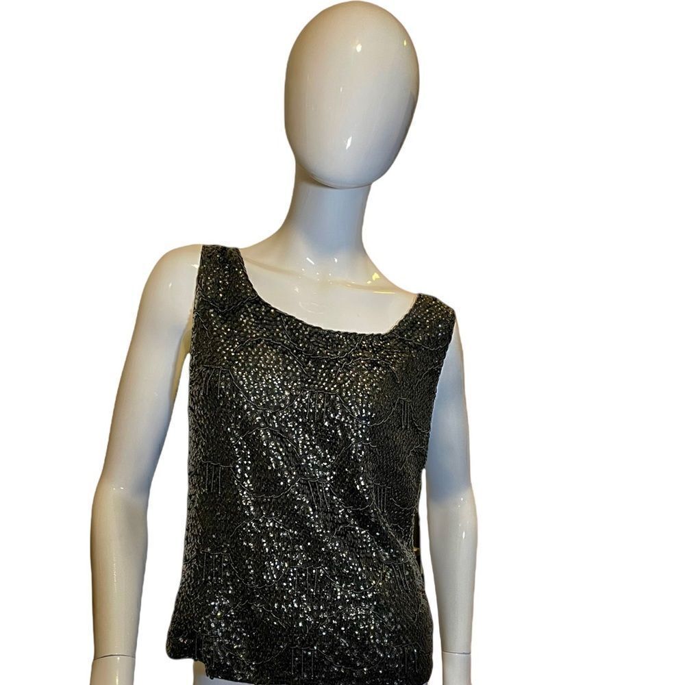 Vintage 1960s Black Sequined Crystal Embellishments Scalloped Formal Party Top M